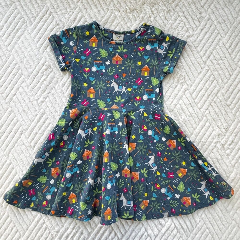 Frugi Girls Size 3-4 Organic Cotton Dress Farm Print Short Sleeve Playwear